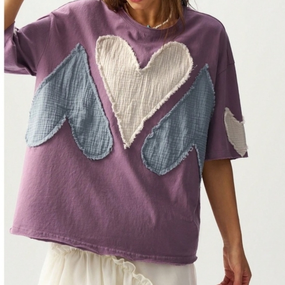 NWOT BellanBlue Oversized Small Purple Top with Blue and Cream Heart Patchwork - Picture 2 of 10